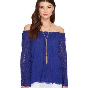 New Lilly Pulitzer Long Sleeve Marble Lace Top true blue knotty xs off shoulder